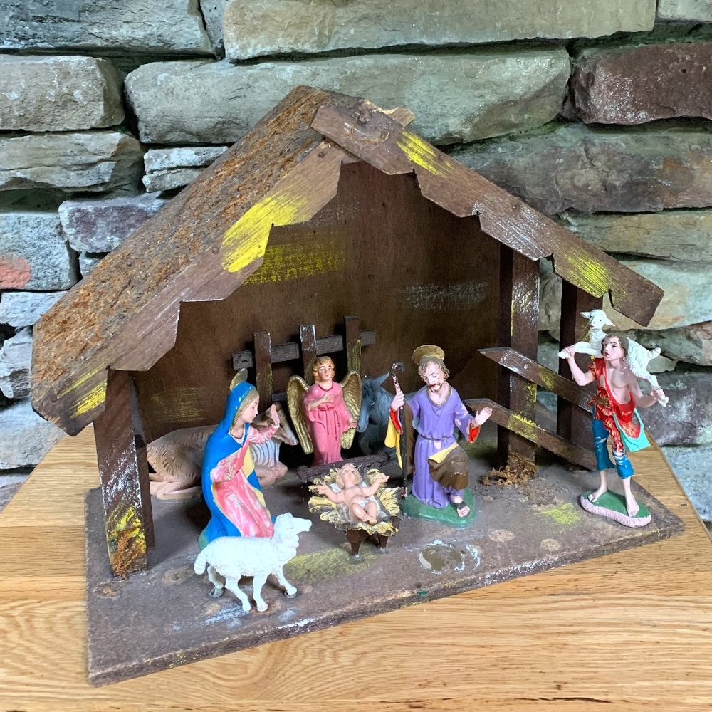 VTG Italy Nativity Stable Christmas Decor Creche Manger Baby Jesus Mary Joseph